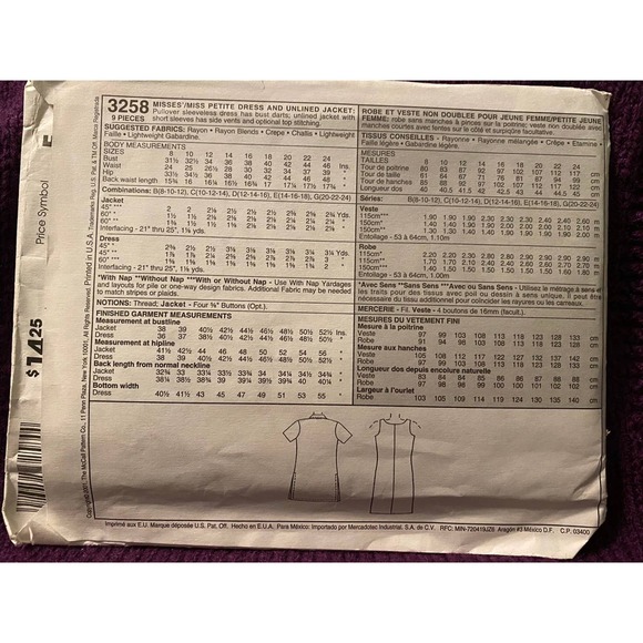 McCalls Sewing pattern3258 dress jacket sz 14 16 18 - Picture 3 of 6